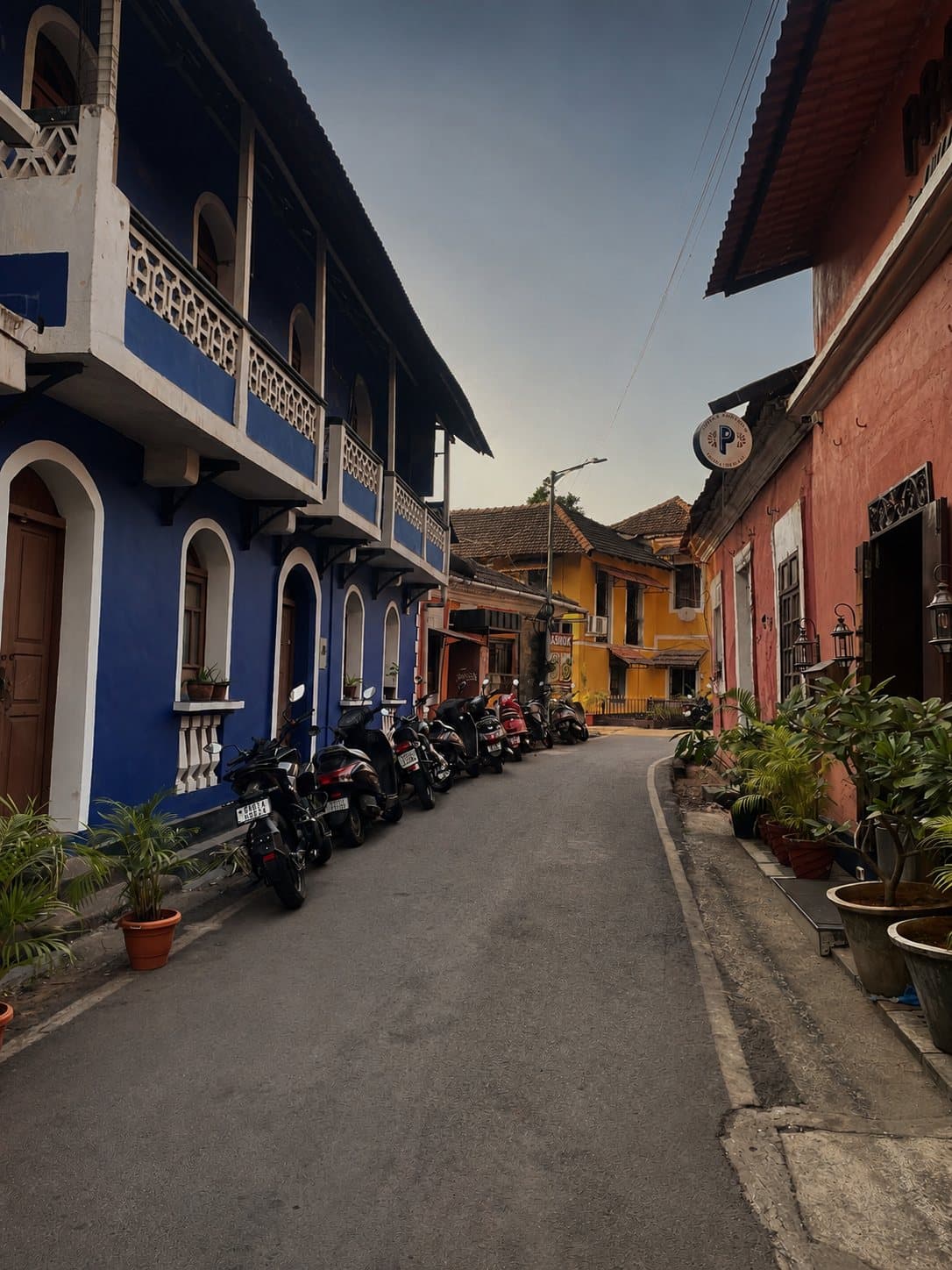 A quiet lane of colourful Portuguese-era houses in Fontainhas, Panjim