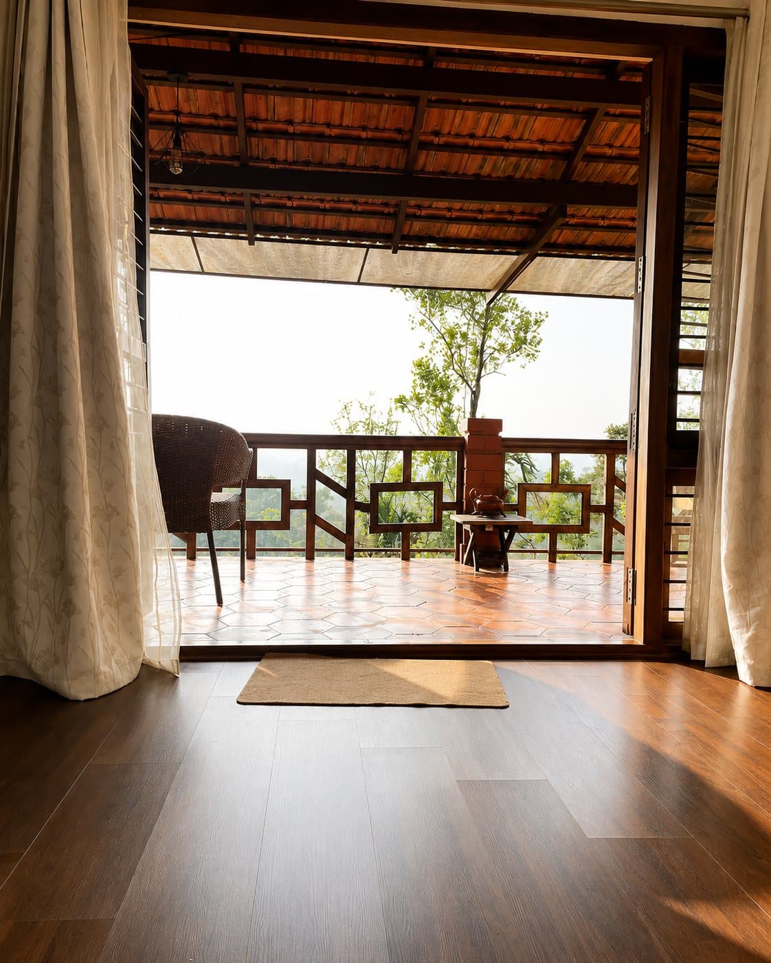 A guest room opening onto a tiled verandah, looking out over a misty valley